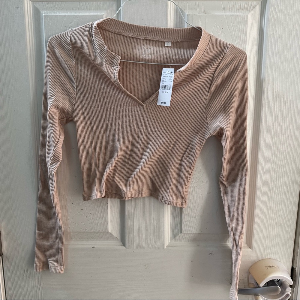 PacSun Tan Long Sleeve Crop Blouse with Mandarin Collar